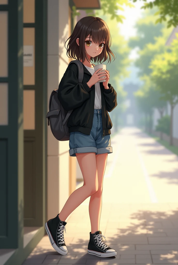 A girl, alone, For coffee, by the wide, straight, loose, must be thin, light skinned, Brown eyes, bright, His outfit was a black jacket with baggy denim shorts and converse.