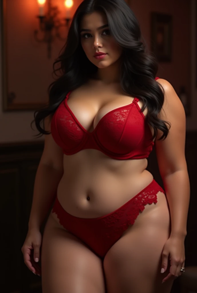 Hyperrealistic Latin woman with short black curly hair, 29 years old, wearing red lace thong underwear, curvy size, posing on her back with her gaze over one shoulder.