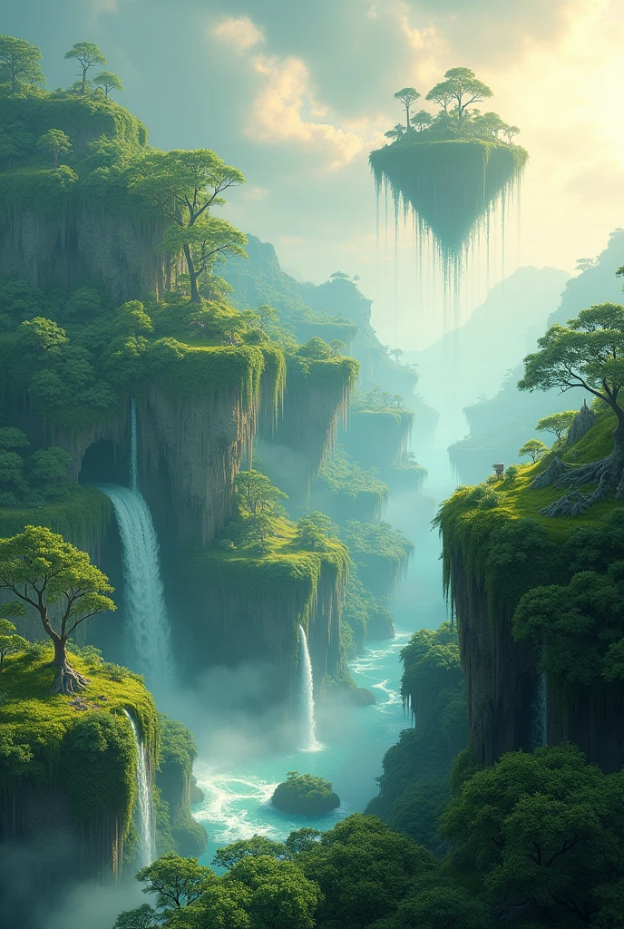 A magical and green land
In the background, you see lands floating in the air
3D style