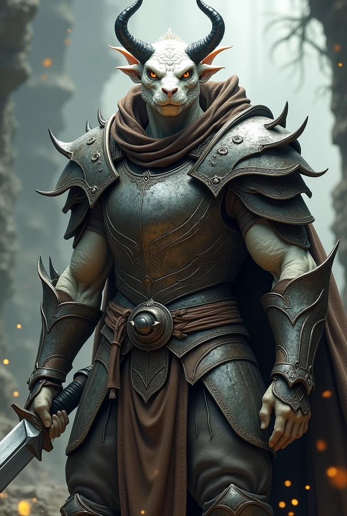 Create a dragonborn, He has no wings, he has white skin, he is less strong, he is a dragonborn de dungeons and dragons, he wears heavy armor and has no wings, your armor covers your entire body, he has small black horns, its horns are curved backwards, his eyes are orange, he has a neutral look, he has a double bladed sword, same as darth mau's saber, he has no hair, he is a dragonborn, make his head more like dark urge from baldurs gate 3, nooo, he is not a human with horns, he is a dragonborn, make a dragonborn head of d&d with the characteristics I mentioned I give up, It's wrong, make the head like the third drawing