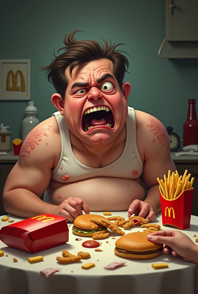1. central character: Draw a human or cartoon figure with an expression of obvious discomfort, as if experiencing severe indigestion. The figure could be sitting at a dining table, surrounded by McDonald's boxes and packaging, with junk food leftovers scattered across the table.
3. Effect on the Body: The character might have a swollen belly or a body that shows physical symptoms of ill health., as obesity, spots on the skin, or visible signs of illness