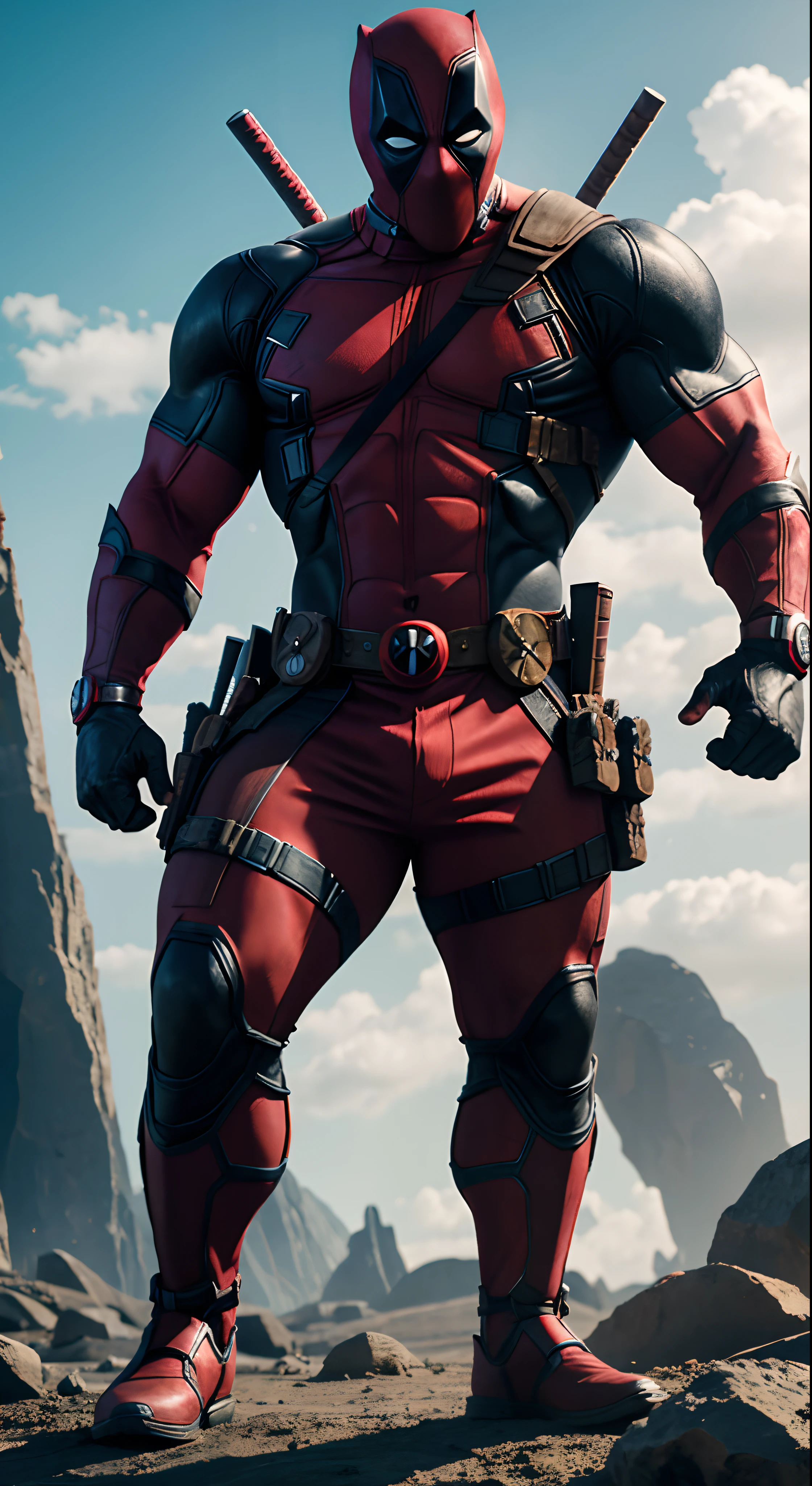 deadpool marvel ,body builder, super strong, muscular, abdomen, in the background asgard, 35mm lens, fot, ultra details, HDR, ultra HD,8k