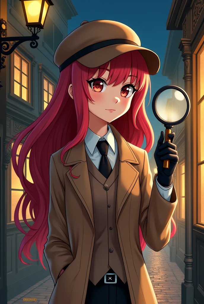 girl anime character, dressed in detective clothing, long red hair, relaxed pose, with a magnifying glass in her hand, in the background a town, at night, realistic and intricate details, warm colors, by Greg Rutkowski, by Alfonso Mucha