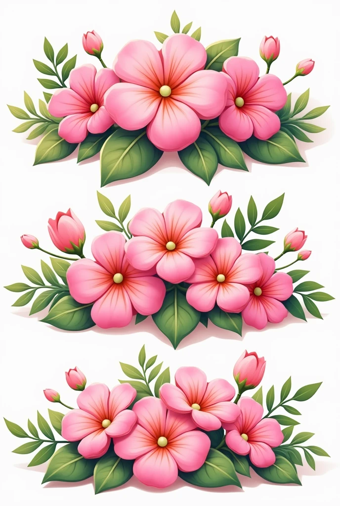 Pink flowers in different shapes, with green leaves in different poses, 3 images in different angles cartoon style