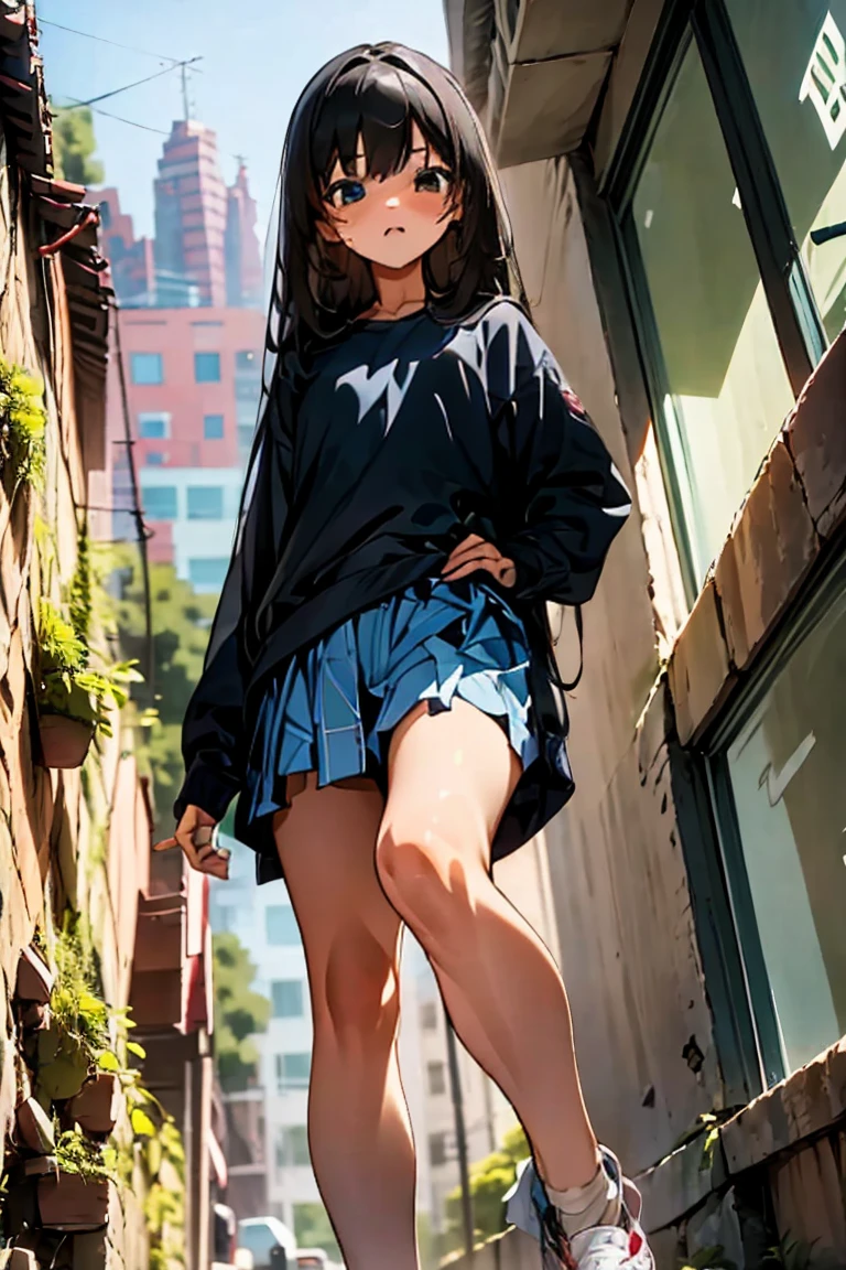 Girl with long black hair, girl taller than the building, casual clothes, cute face, brown eyes, girl raising one of her legs, the soles covered with rubble, shot from below