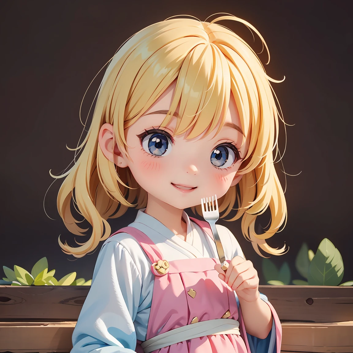 Super Chibi Character:1.8、Blonde Hair、Cute 7 year old girl、Cute Costumes、Super Chibi Character:1.8、Super Smile、smile、Holding a fork、Holding a fork