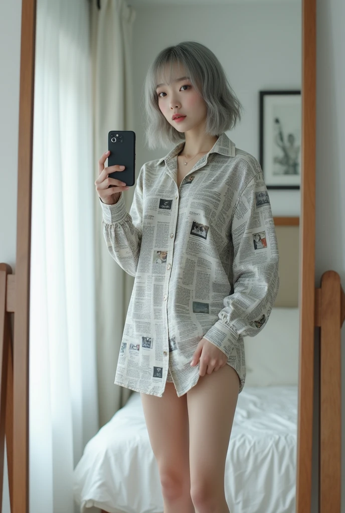 highly detailed, beautiful, hyper Realistic girl, masterpiece, best quality, Japanese fashion woman, 28-years-old, identity hidden, all body shot, takes a selfie in her room using a smartphone in front of a mirror with one hand, Hold the bottom of your shirt with one hand、fashion model Posing, looking away from the camera, /// gray short hair, light color eyes, Realistic skin, Detailed face, /// Design a futuristic fashion ensemble centered on white, (wearing a All News Paper Print Big soft Shirt, Shorts are hidden in a big and log sleeveshirt). Complete the look with white ankle boots that have a metallic finish and a translucent, The overall vibe should exude a sleek, forward-thinking style that seamlessly blends modern minimalism with a touch of the future, /// Monotone simple modern taste single room, mirror, complicated background,