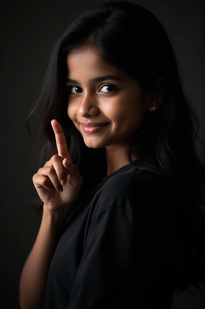 "Generate a close-up portrait of a young Indian teenage girl with long, flowing dark hair. She is wearing a black shirt and standing against a completely dark background. The girl is turning back over her shoulder with a soft, playful smile. Her expression is inviting as she gestures with her index finger, subtly beckoning someone to follow her. The lighting should be soft, highlighting her facial features while maintaining a moody, intimate atmosphere."