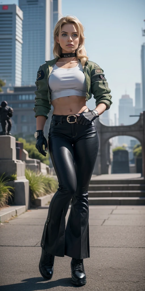 8k, masterpiece, best quality, ultra-detailed, sonyablade, 1girl, solo, long hair, blonde hair, cute blue eyes, breasts, choker, crop top, cropped green jacket, black fingerless gloves, full body, highleg panties, jacket, combat boots, lipstick, makeup, (abs:0.3), midriff, navel, black pants(Wide flares on pants:1.2),
