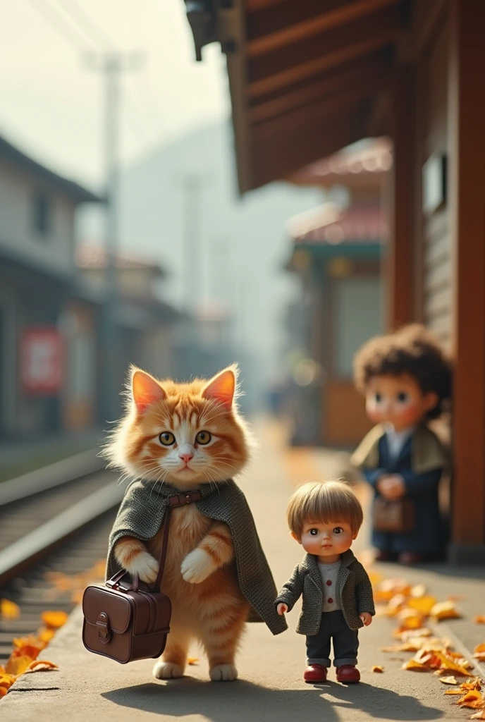 35mm lens,Cat,Are standing,doll,Carrying a small school bag,Tram,Hokkaido,Autumn Station,Wooden house,platform, Cape,Nguyen Gia,suit,tie, (Delicate face), (High-quality fluffy fur),(35mm cinema lenses)