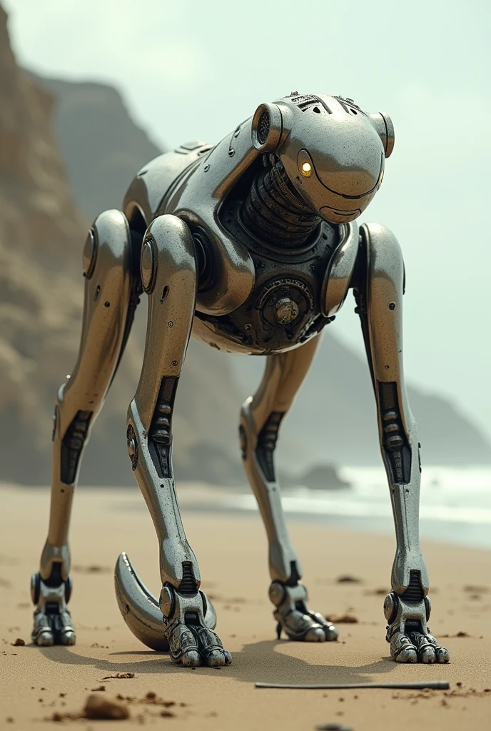 Four footed Robot dog with big metal dog penis on a deserted beach