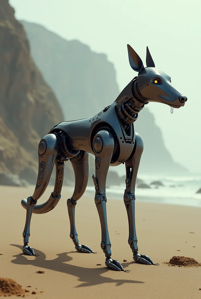 Four footed Robot dog with big metal dog penis on a deserted beach