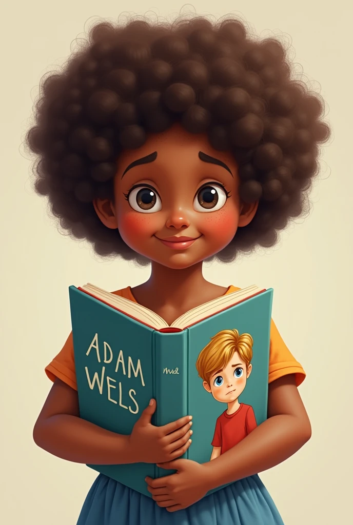 I want a profile icon for a Facebook page. I want the torso of a brunette girl, chubby girl, chubby with a smile, with a curly afro, and in his hands he carries an open book with on the cover a blond boy with blue eyes and a sad face and a title that says Adam Wels.