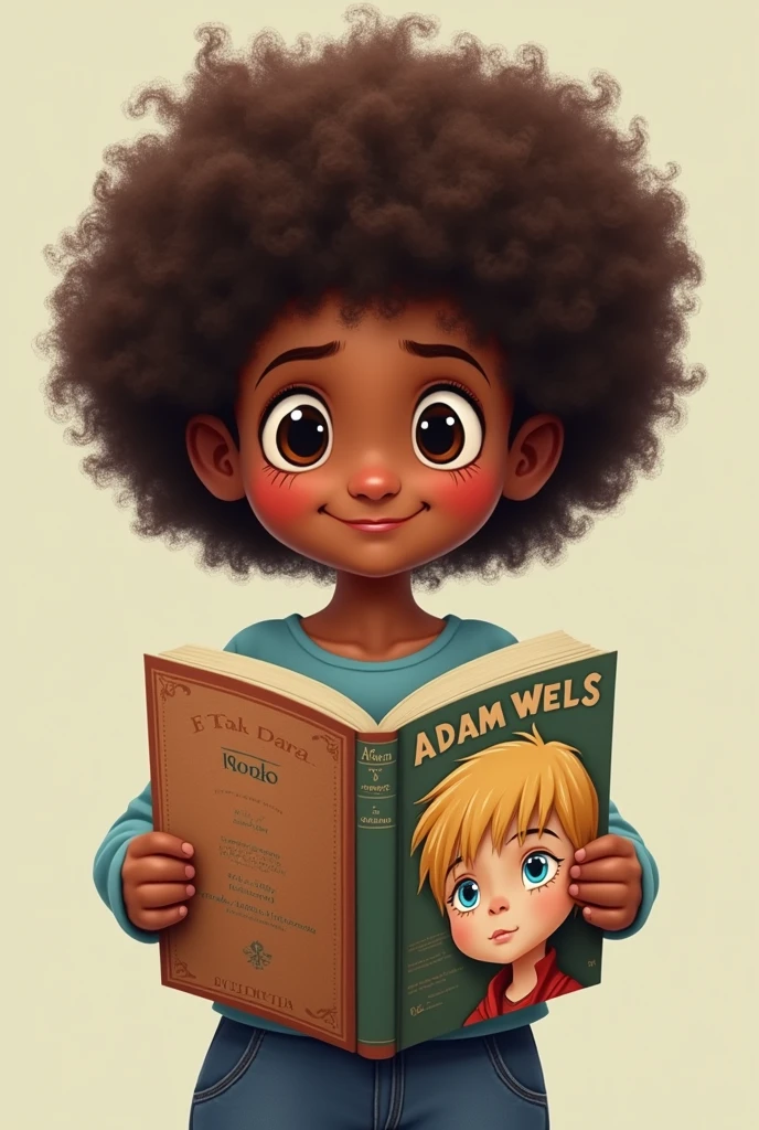 I want a profile icon for a Facebook page. I want the torso of a brunette girl, chubby girl, chubby with a smile, with a curly afro, and in his hands he carries an open book with on the cover a blond boy with blue eyes and a sad face and a title that says Adam Wels.