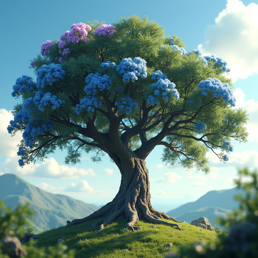 A lush blue ipe tree blooming, exquisite flowers, realistic atmosphere, 8k resolution, hyper-realistic, stunning natural lighting, vibrant colors, detailed textures, serene landscape, masterful composition, photorealistic quality, bokeh background, sharp focus, intricate details, beauty inspiring