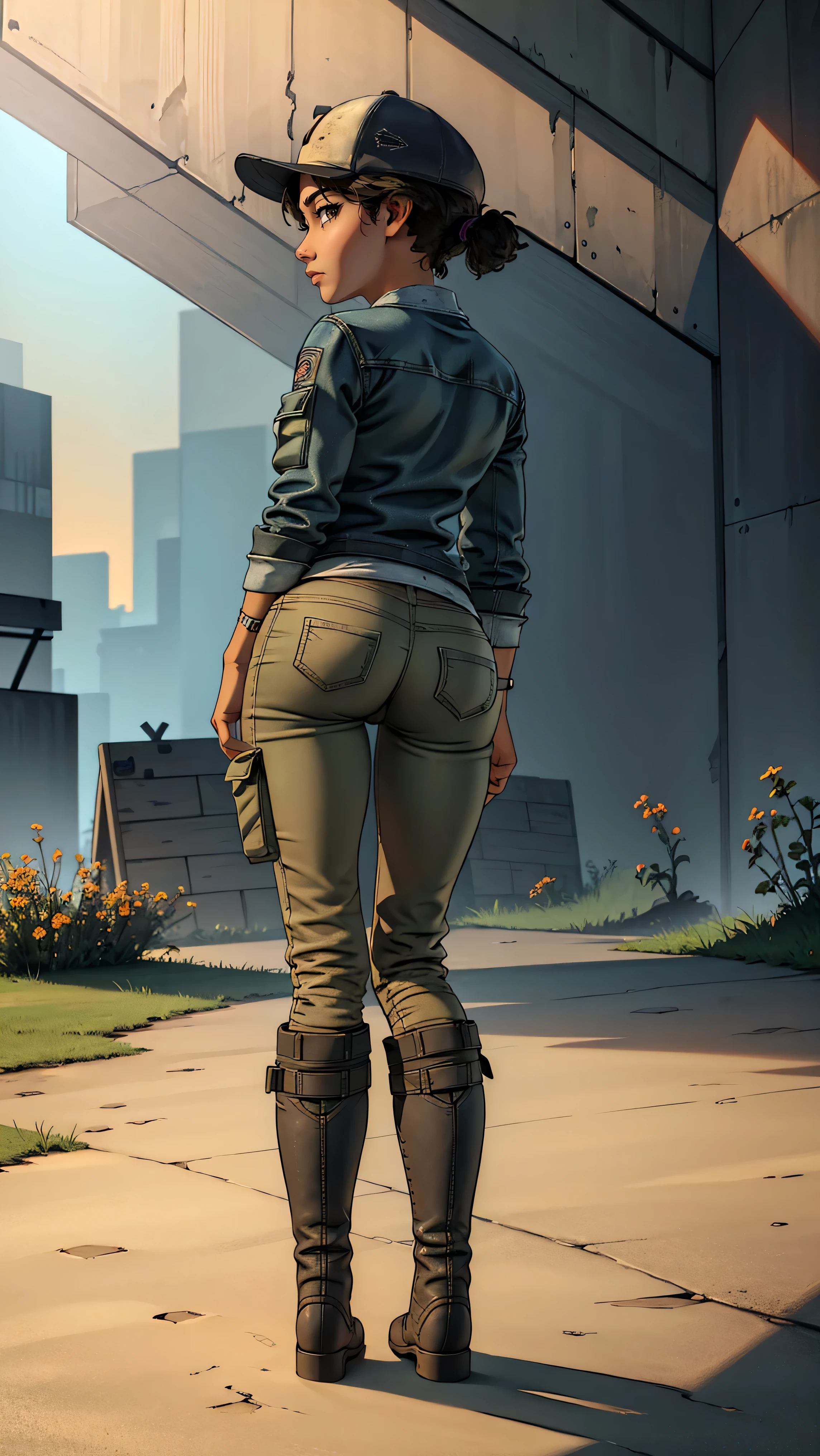 ((masterpiece, best quality)),(complex lighting) ,solo,(((1girl))) ,clementine, light skin,light-skinned female, baseball cap, green cargo pants, brown eyes, tight pants, combat boots, shirt, short hair, one short ponytail, open denim jacket, huge butt, thicc butt , (((8k))), (((full body))), (((bent over))), (((looking at the viewer))), cameltoe
