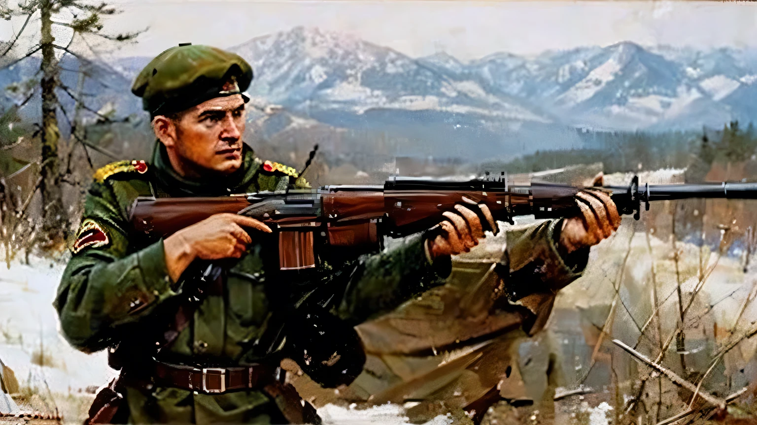 Hyper-realistic image of Soviet sniper Vasili Zaitsev, with his cold cap and his powerful weapon against the Nazi invaders