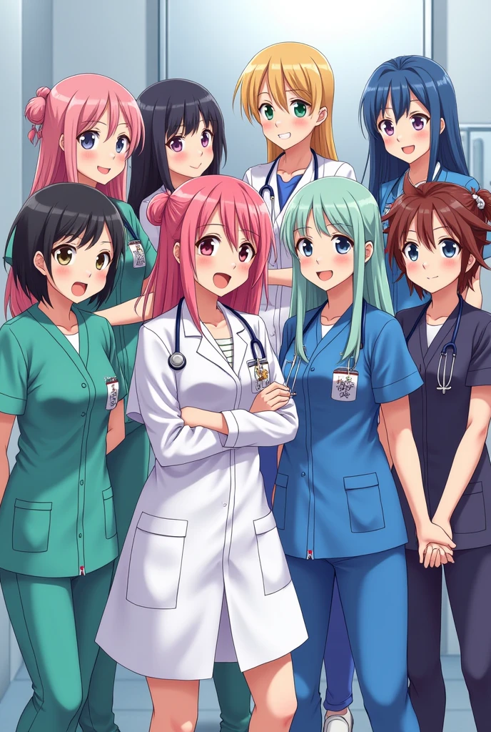 8 anime characters in hospital uniforms with different colors of uniforms, 4 women woman and 4 men men in total 8 characters What part of 4 men and 4 women don&#39;t you understand and supposedly AI you are how disappointing