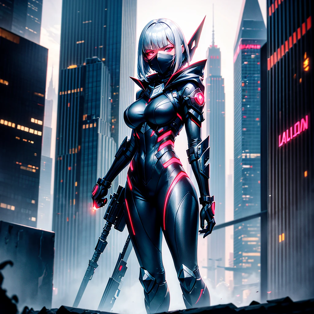 A futuristic female vigilante with short flowing silver hair and long bangs stands atop a skyscraper in a bustling cyberpunk city. She wears a black armored suit with red accents, numerous shoulder straps, and a pointed hood. Her glowing red eyes are visible through a glossy black mask made of decorative alloy. The background shows a vast cityscape with neon lights, holographic ads, and towering buildings, while a crimson moon hangs low in the sky, casting an ominous glow over the scene.
Motion line effects, animation screenshots,