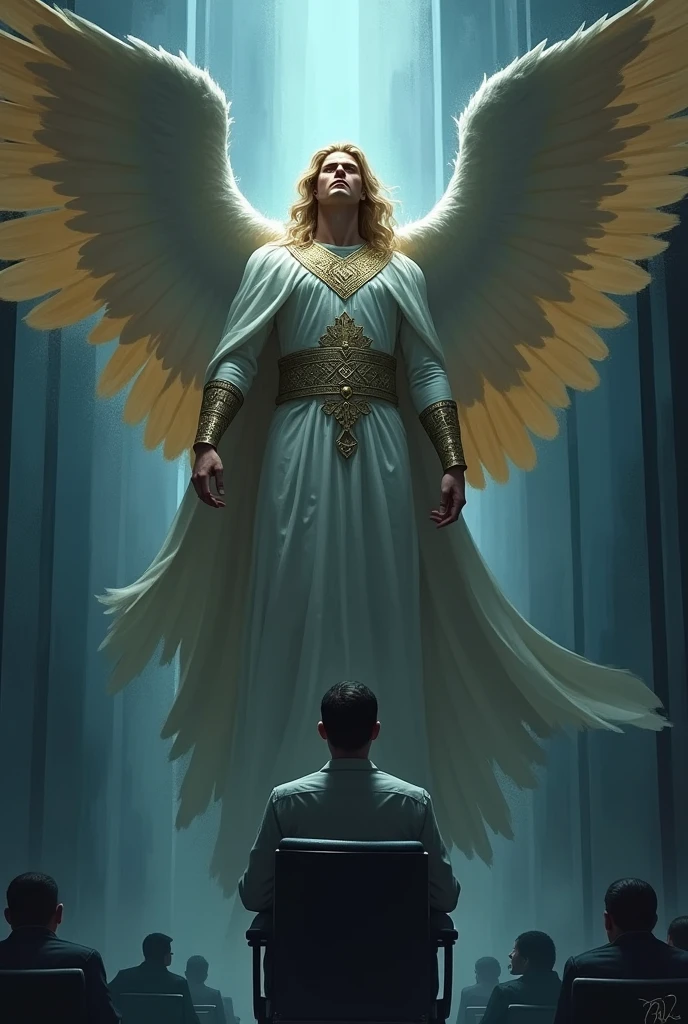 Create a strong angel protecting a man from conflicts in the workplace. Use blue and dark colors.