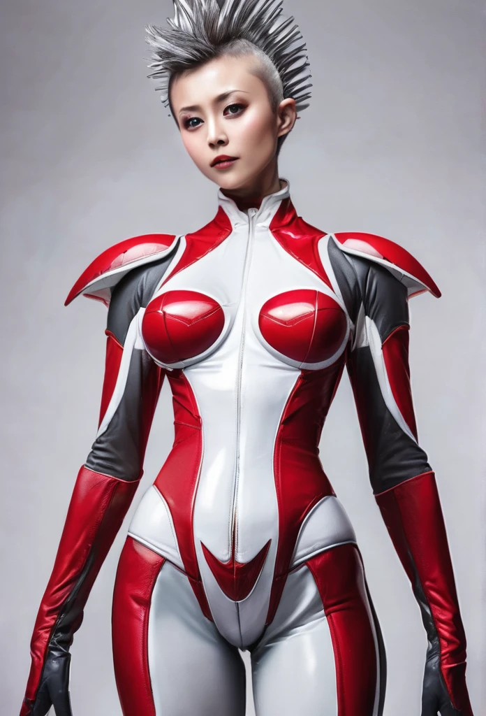 An alien with a crimson body and white lines、Silver Mohawk､Women's Ultra Seven、Sexy pose chest, High resolution, 