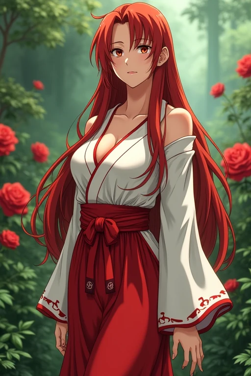 Create a live-action image of a gender-swapped Kurama from Yu Yu Hakusho, depicted as a real human woman with no anime-style elements. She is tall and slender with a larger chest, wearing a modernized red and white outfit inspired by traditional Japanese clothing, with realistic silk textures and natural folds. Her long, red hair should be styled naturally, flowing down her back. Her expression should be calm and poised, with a hint of mystery. The background should be a realistic garden filled with detailed, lush greenery and roses, creating a serene and natural environment