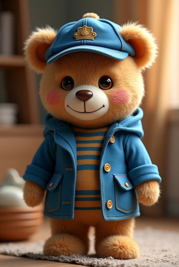 Teddy bear dressed in a blue jacket and a cap