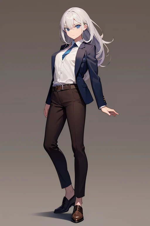 a lot of style, Shinke no kyojin,, , Cristina Renz,, 1 girl, belt, belt hebilla, by rubio, blue eyes, brown shoes, brown pants, hebilla, chest belt, collared shirt, diamante (form), by the floating, on one side, Whole body, Gray background, hair between the eyes, hands on one&#39;s own thighs, by the wide, long sleeves, Looking to the future, own hands together, pants, Chapped lips, shirt, shoes, Session, Alone, shine, star (symbol), thigh strap, white shirt, , , ((masterpiece)), Best Quality, , 