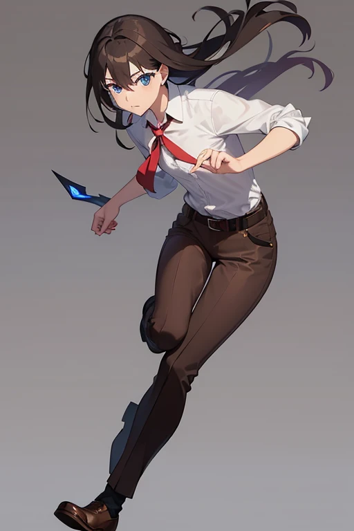 a lot of style, Shinke no kyojin,, , Cristina Renz,, 1 girl, belt, belt hebilla, by rubio, blue eyes, brown shoes, brown pants, hebilla, chest belt, collared shirt, diamante (form), by the floating, on one side, Whole body, Gray background, hair between the eyes, hands on one&#39;s own thighs, by the wide, long sleeves, Looking to the future, own hands together, pants, Chapped lips, shirt, shoes, Session, Alone, shine, star (symbol), thigh strap, white shirt, , , ((masterpiece)), Best Quality, , 