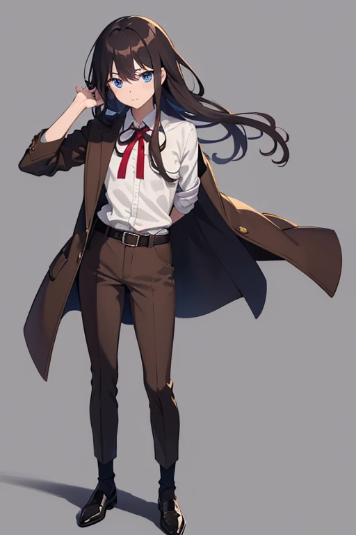 a lot of style, Shinke no kyojin,, , Cristina Renz,, 1 girl, belt, belt hebilla, by rubio, blue eyes, brown shoes, brown pants, hebilla, chest belt, collared shirt, diamante (form), by the floating, on one side, Whole body, Gray background, hair between the eyes, hands on one&#39;s own thighs, by the wide, long sleeves, Looking to the future, own hands together, pants, Chapped lips, shirt, shoes, Session, Alone, shine, star (symbol), thigh strap, white shirt, , , ((masterpiece)), Best Quality, , 