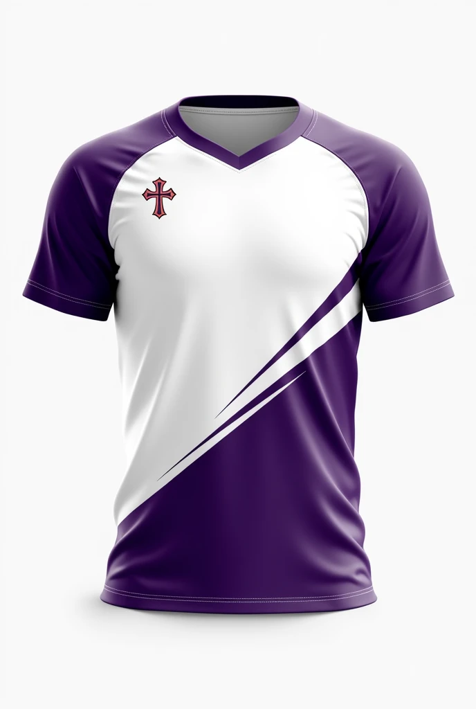 A jersey for intramural games at a Catholic school, in a modern way and using 2 colors white and purple ,without dividing the two colors diagonally