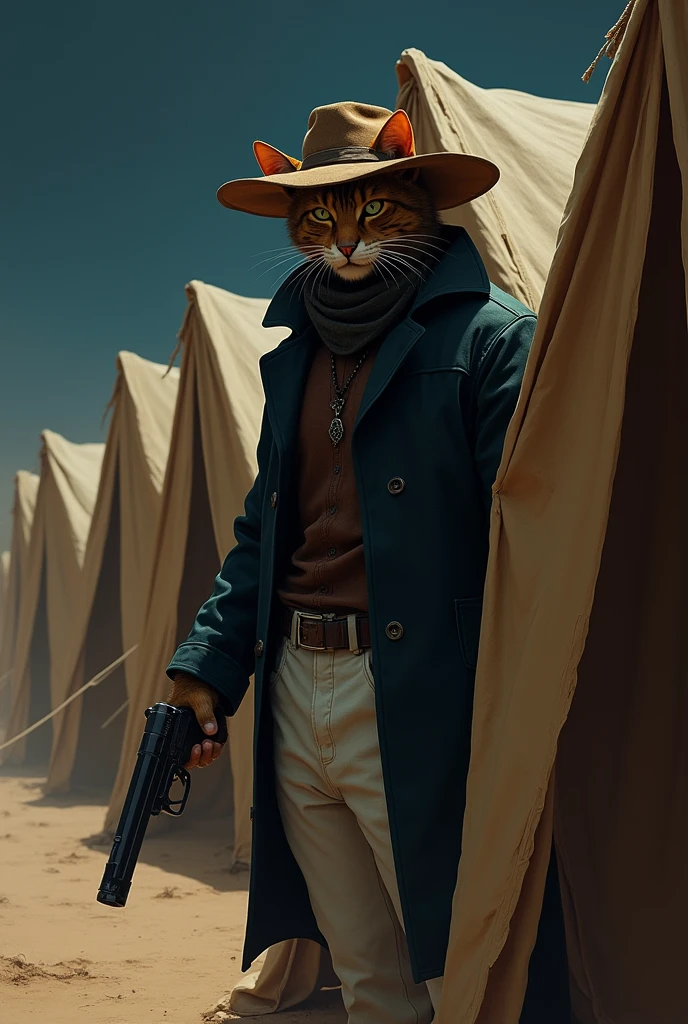 A human body cat as desert theives wearing a black jacket and a brown hat with white pant and a gun in hand, hiding behind the tents in desert in night