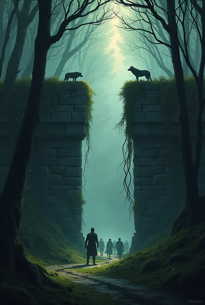 wall in the middle of a forest separating men from wolves.