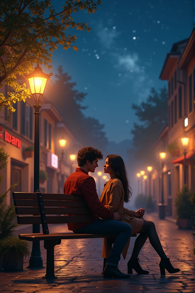 Create an image of a couple between a man and a woman, sitting in a square, falling in love, 80s scenario, street lamp with bright light, romantic atmosphere, stary night