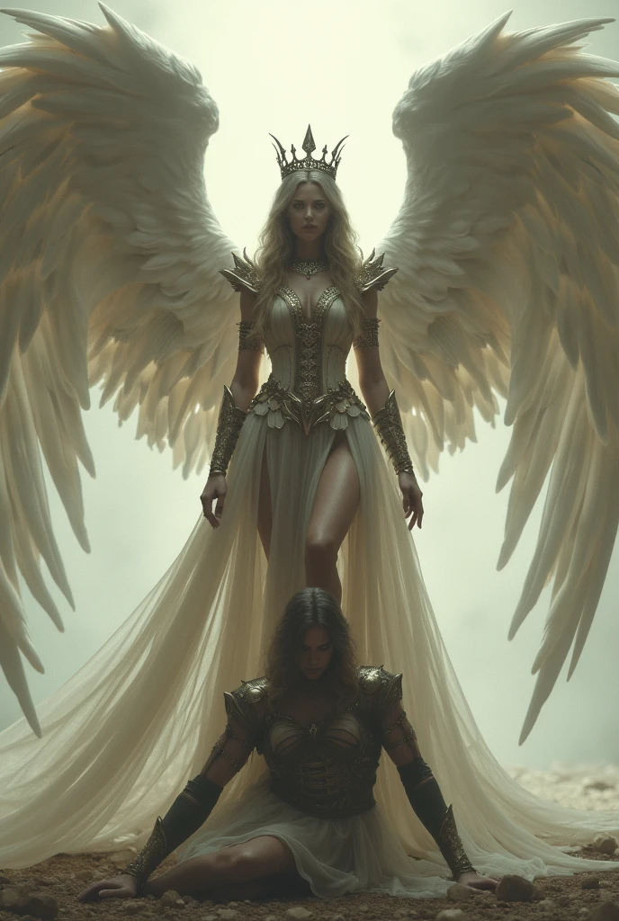 Queen with angel wings, foot placed on the head of her opponent in submissive mode
