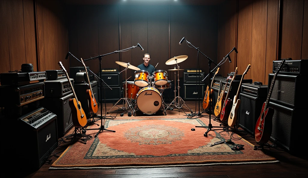 A rehearsal studio filled with guitar amps, Mike stand, drum, Guitar and Bass,Dim lighting