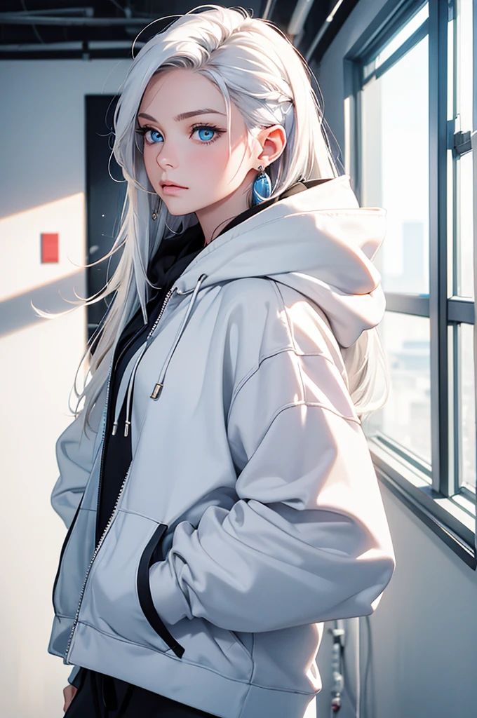 Best quality, masterpiece, ultra high res, (photorealistic:1.4), raw photo, 1girl, in an office, looking at viewer, bright icy blue eyes, white hair, long hair, loose white hoodie, black sweatpants, one earring, earbuds
