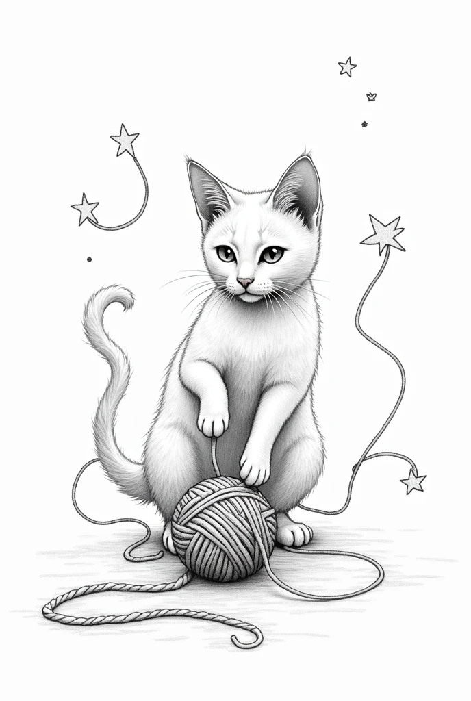 drawing of cat playing with ball of yarn, fancy, magical details, with MYSTIC lines, unusual, offwhite, uncolored, monochrome,  wavey lines, realistic line art drawing, coloring book page , thick, crisp lines, sketch art, centred image,