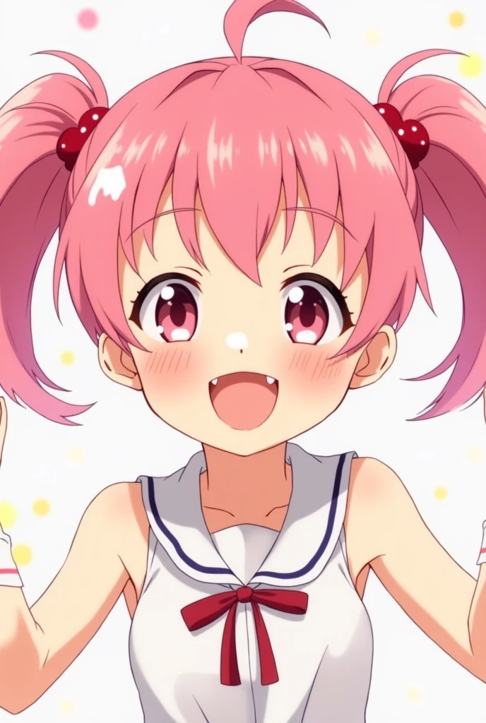 I created a 2D image of a smiling anime girl, all happy with an excited reaction and pink hair.