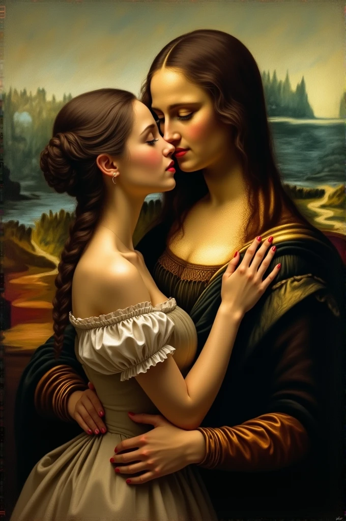 Painting the canvas A couple kissing in the style of the Mona Lisa painting using the same theme as in the original painting