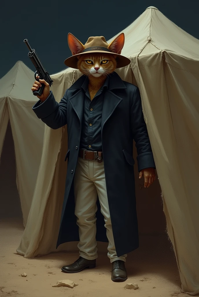 A human body cat as desert theives wearing a black jacket and a brown hat with white pant and a gun in hand, hiding behind the tents in desert in night