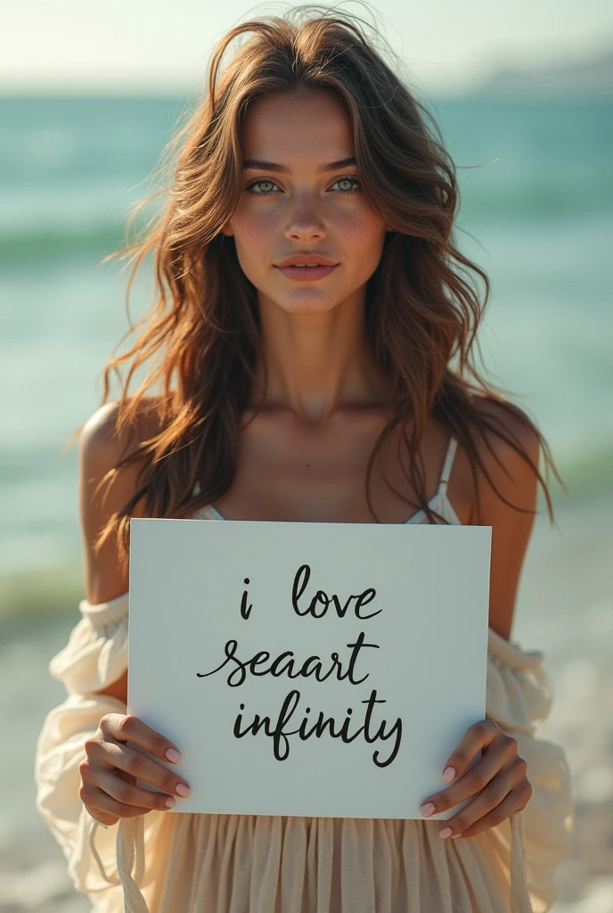 Beautiful girl with wavy long hair, bohemian dress, holding a white board with text "I Love Seaart Infinity" and showing it to the viewer