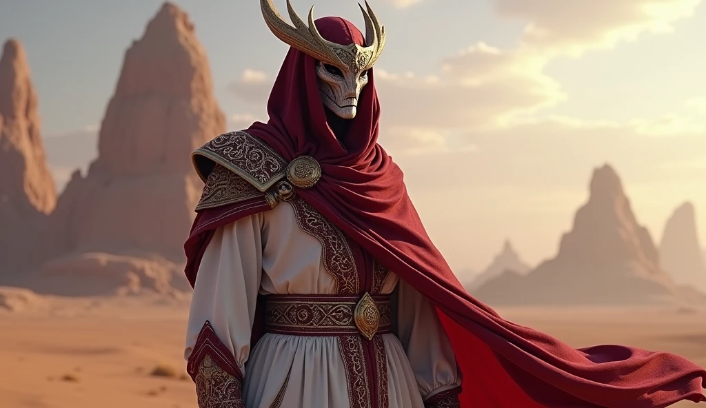 Qatar as an arabic League of Legend creature in maroon and white separated by a serrated line. Intricated clothing. Cinematic Fantasy sci-fi landscape background