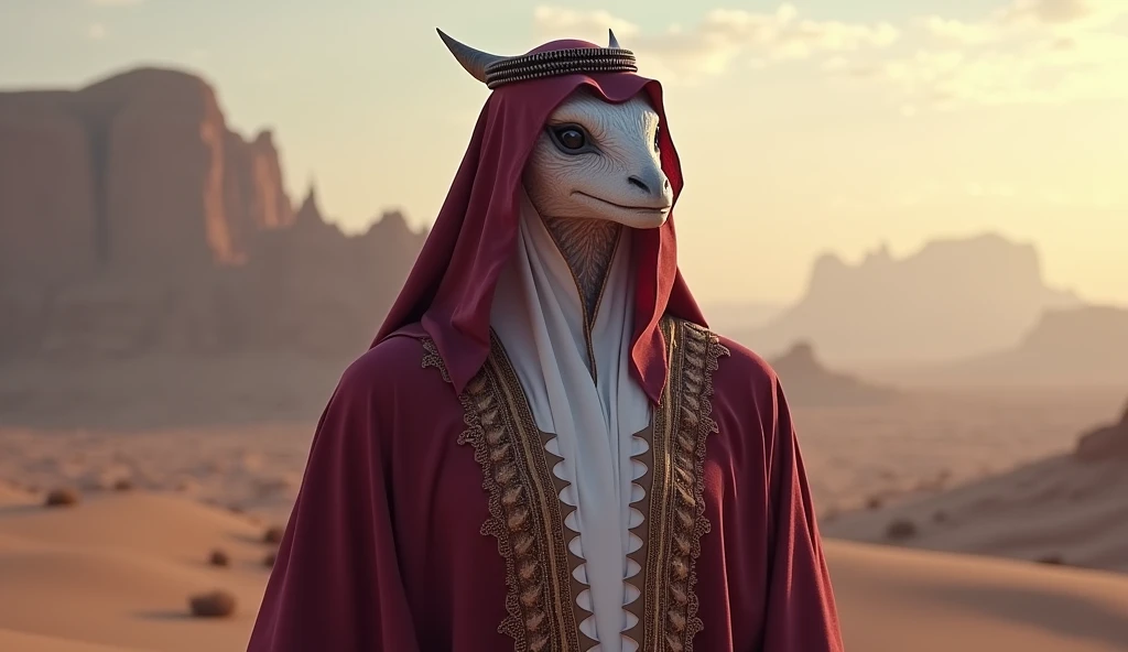 Qatar as an arabic League of Legend creature in maroon and white separated by a serrated line. Intricated clothing. Cinematic Fantasy sci-fi landscape background