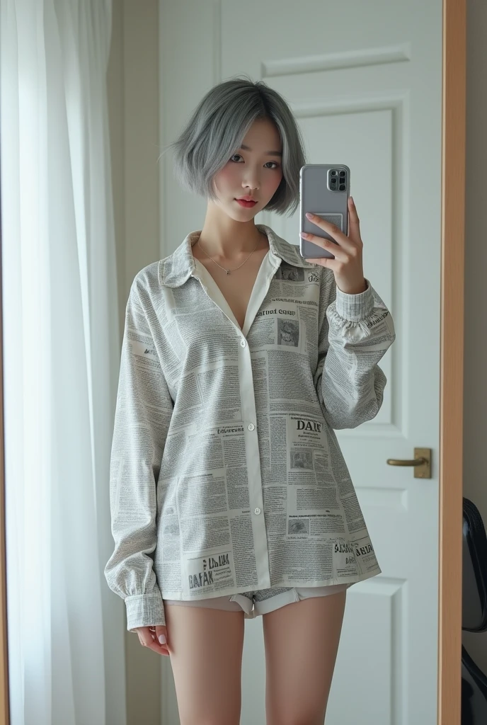 highly detailed, beautiful, hyper Realistic girl, masterpiece, best quality, Japanese fashion model, 28-years-old, identity hidden, all body shot, takes a selfie in her room using a smartphone in front of a mirror with one hand, Hold the bottom of your shirt with one hand、fashion model Posing, looking away from the camera, /// gray short hair, light color eyes, Realistic skin, Detailed face, /// Design a futuristic fashion ensemble centered on white, (wearing a All News Paper Print Big soft Shirt, Shorts are hidden in a big and log sleeveshirt). Complete the look with white ankle boots that have a metallic finish and a translucent, The overall vibe should exude a sleek, forward-thinking style that seamlessly blends modern minimalism with a touch of the future, /// Monotone simple modern taste single room, mirror, complicated background,