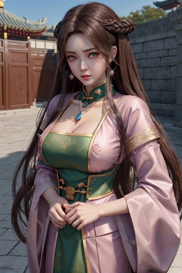 evil anime human woman. half-up long brown hair. fair skin. hazel-green eyes. big boobs. Modest Wuxia clothes. snowflake necklace. mauve smirking lips. Realism style. 3D anime model style. CGI animation. Wuxia style. Imperial palace background.
