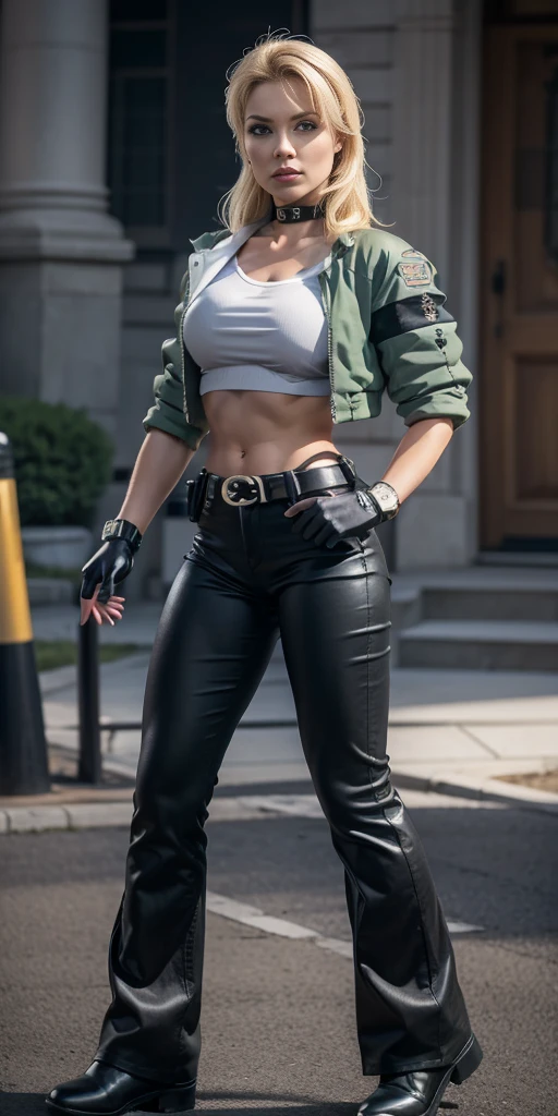 8k, masterpiece, best quality, ultra-detailed, sonyablade, 1girl, solo, long hair, blonde hair, cute blue eyes, breasts, choker, crop top, cropped green jacket, black fingerless gloves, full body, highleg panties, jacket, combat boots, lipstick, makeup, (abs:0.3), midriff, navel, black pants(Wide flares on pants:1.2),
