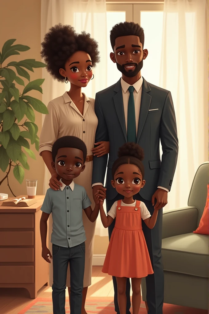 I want a woman in a nutritionist suit with sambo hair to be in a house with her two children, a zambo girl and a dark-skinned boy, and her husband who is a dark-skinned business engineer.
