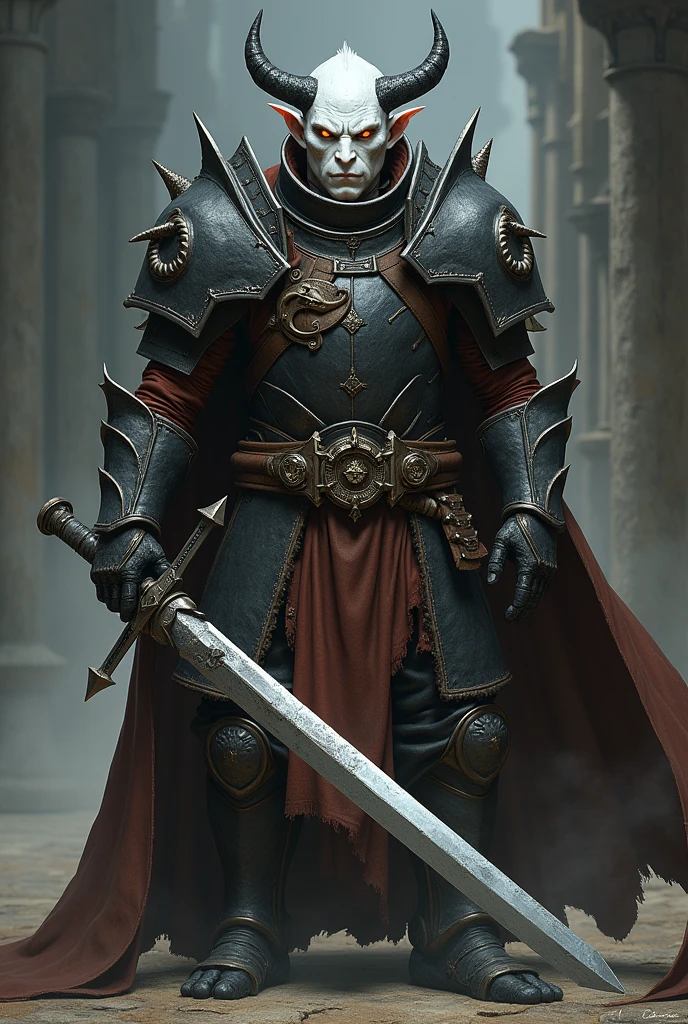 Create a dragonborn, He has no wings, he has white skin, he is less strong, he is a dragonborn de dungeons and dragons, he wears heavy armor and has no wings, your armor covers your entire body, he has small black horns, its horns are curved backwards, his eyes are orange, he has a neutral look, he has a double bladed sword, same as darth mau's saber, he has no hair, he is a dragonborn, make his head more like dark urge from baldurs gate 3, nooo, he is not a human with horns, he is a dragonborn, make a dragonborn head of d&d with the characteristics I mentioned I give up, It's wrong, make the head like the third drawing, fix your hands I give up