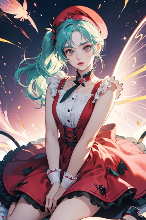 Ladelia has light pink skin with brown eyes, red lips, and blue eyebrows. Her mint hair is pulled back into short pigtails with face obscuring bangs. She has a pair of black antennae on top of her head.
She wears a pink dress with a black collar at the neck and ladybug wings on the skirt portion of the dress.
Ladelia has light blue Mary Janes for shoes and wears a red beret with a white flower next to it. SPARKLE; GLITTER